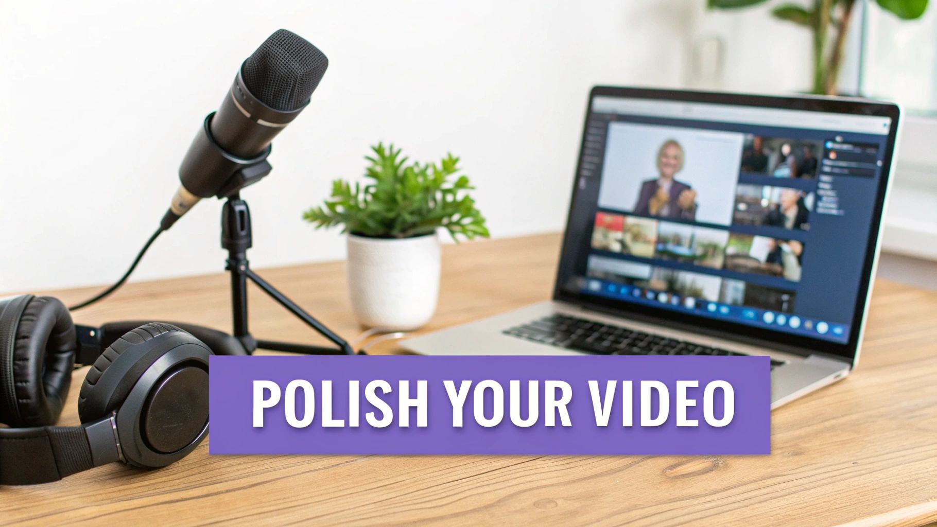 A home studio setup with a microphone, headphones, and laptop displaying video editing software on a wooden desk.