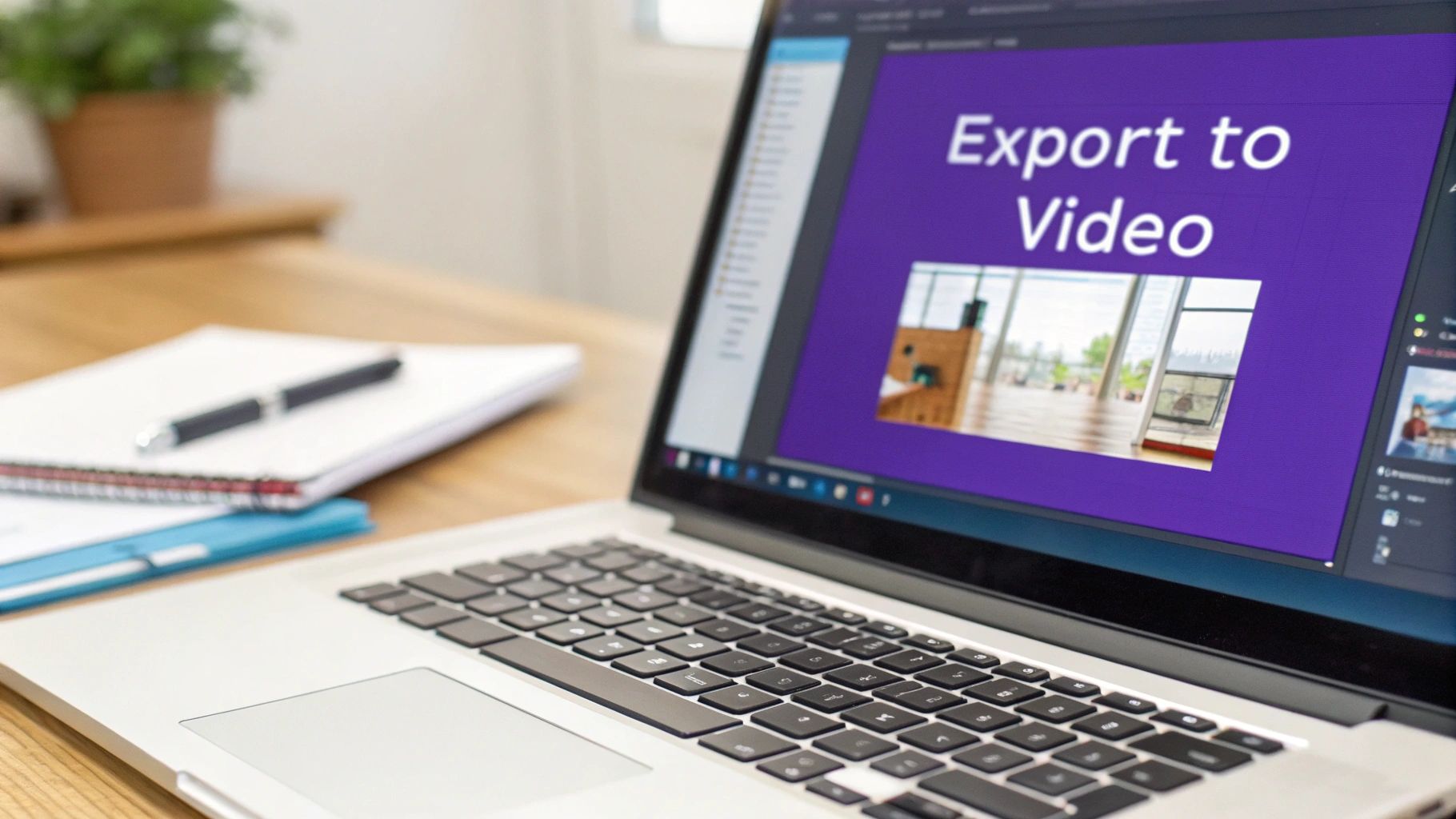 A laptop on a wooden desk displaying a presentation slide with text 'Export to Video' and an image.