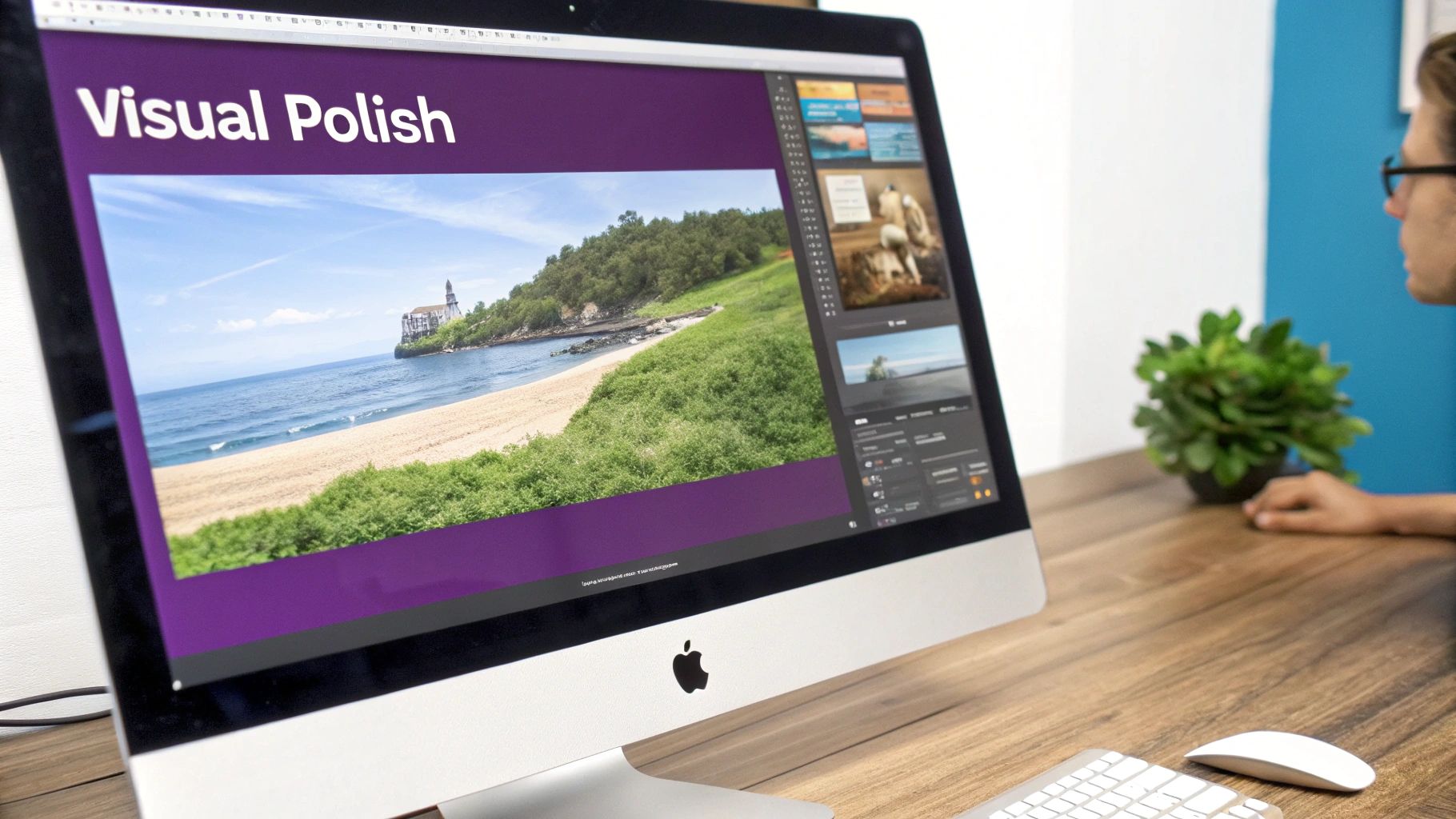 A person uses an Apple iMac to edit a presentation slide showing a beach and ocean view.