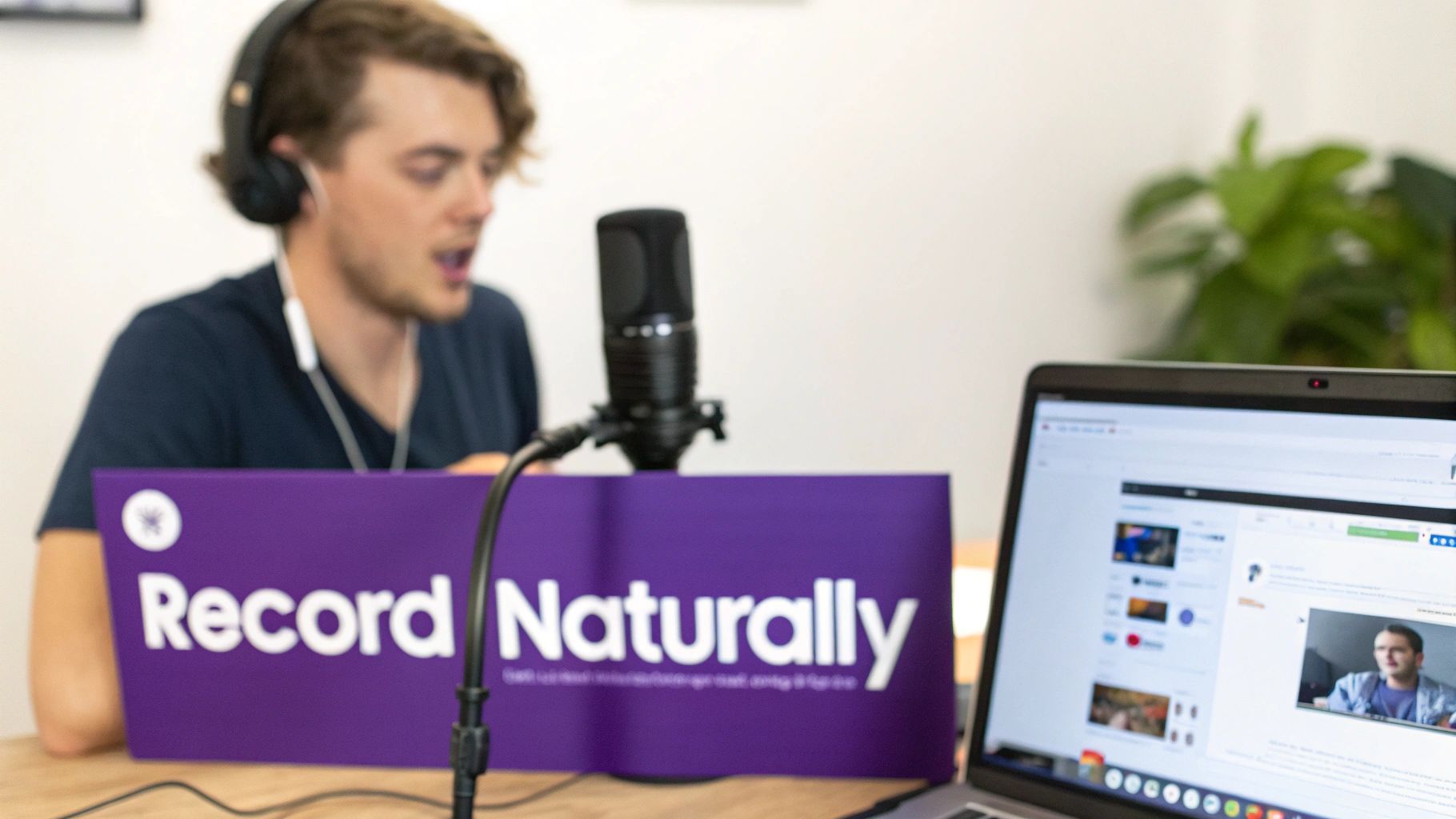 A man in headphones records audio into a microphone with a "Record Naturally" sign.