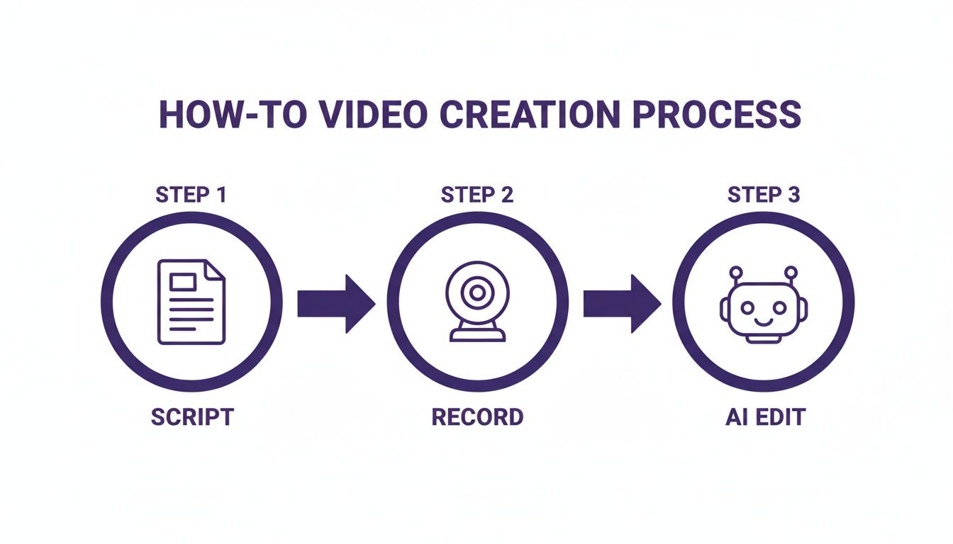 A three-step diagram illustrating the how-to video creation process: script, record, and AI edit.