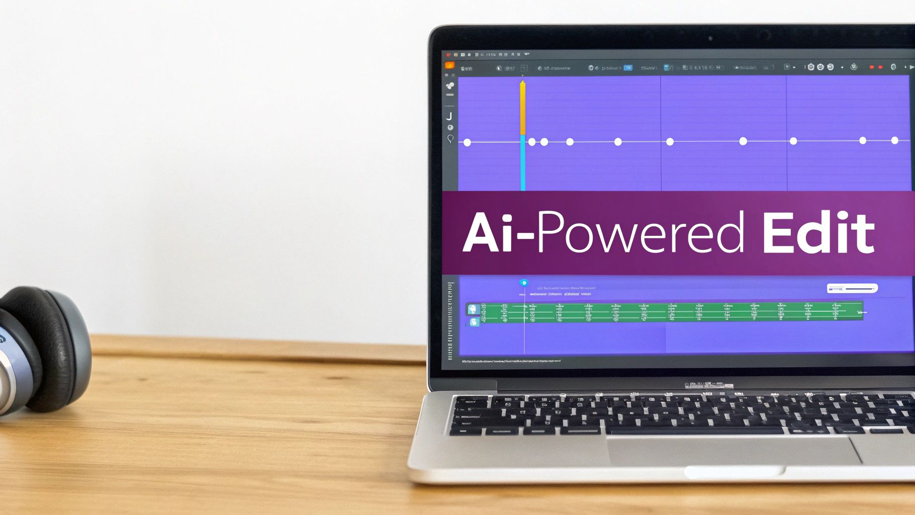 A laptop displaying AI-powered video editing software next to headphones on a wooden desk.
