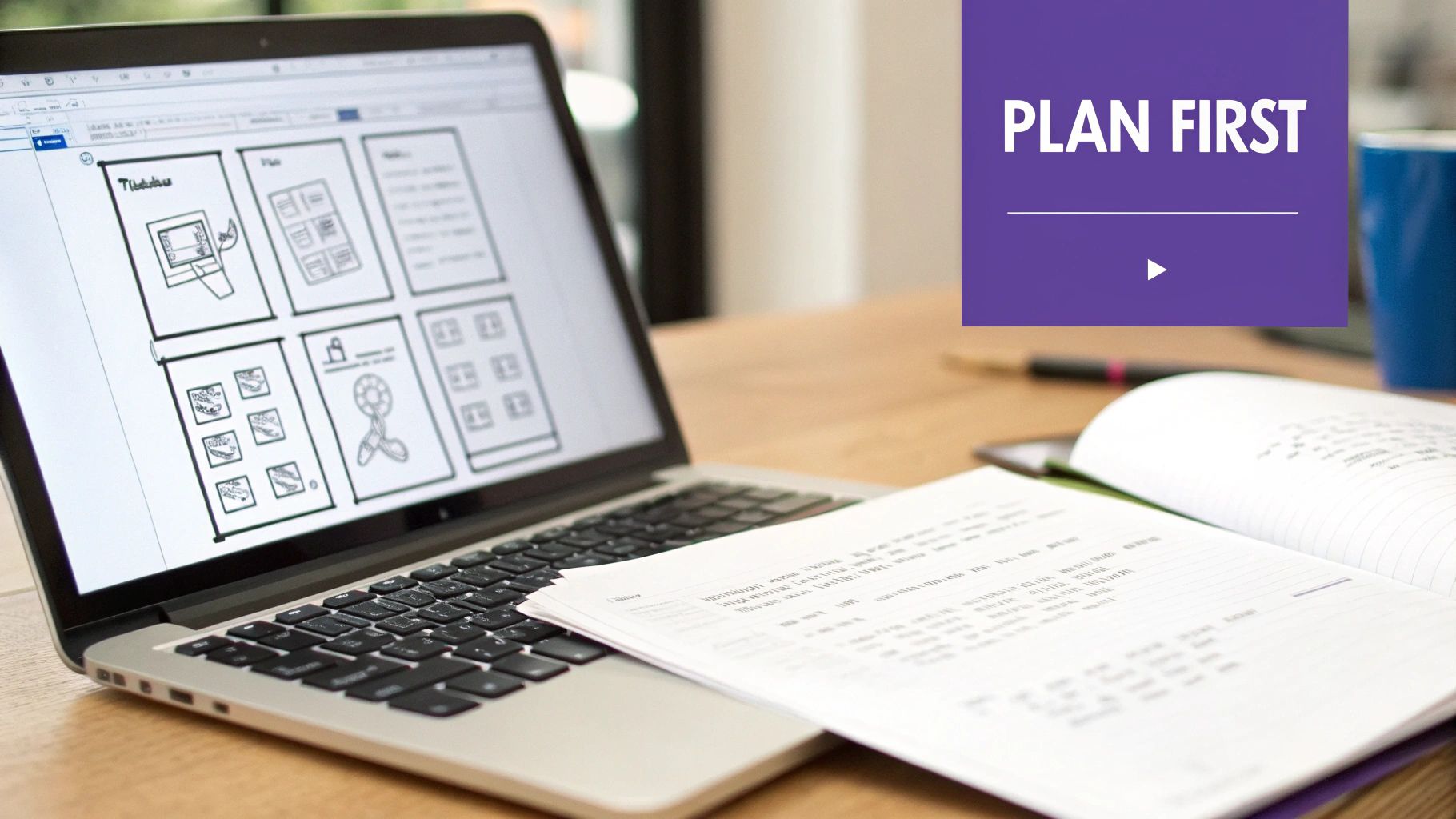 A laptop displaying app wireframes, an open notebook, and a pen on a wooden desk with a 'PLAN FIRST' overlay.