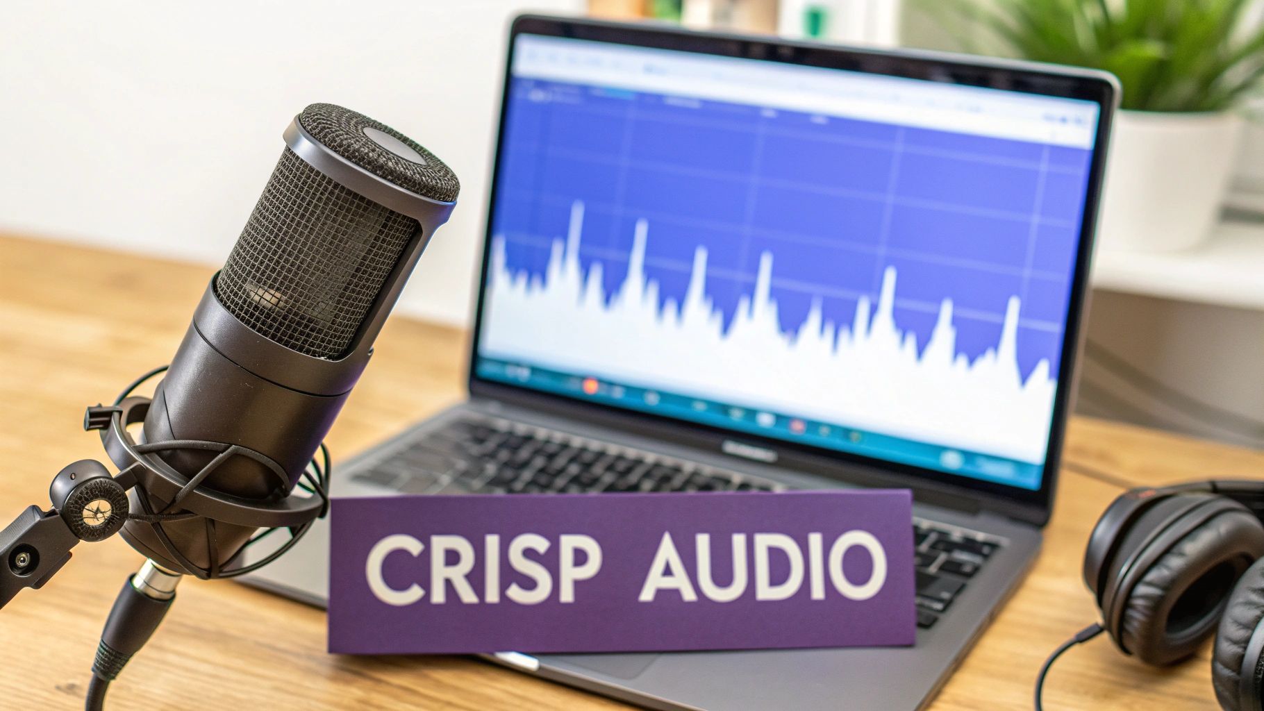 A professional podcasting setup with a microphone, laptop showing audio waveform, and 'CRISP AUDIO' sign.