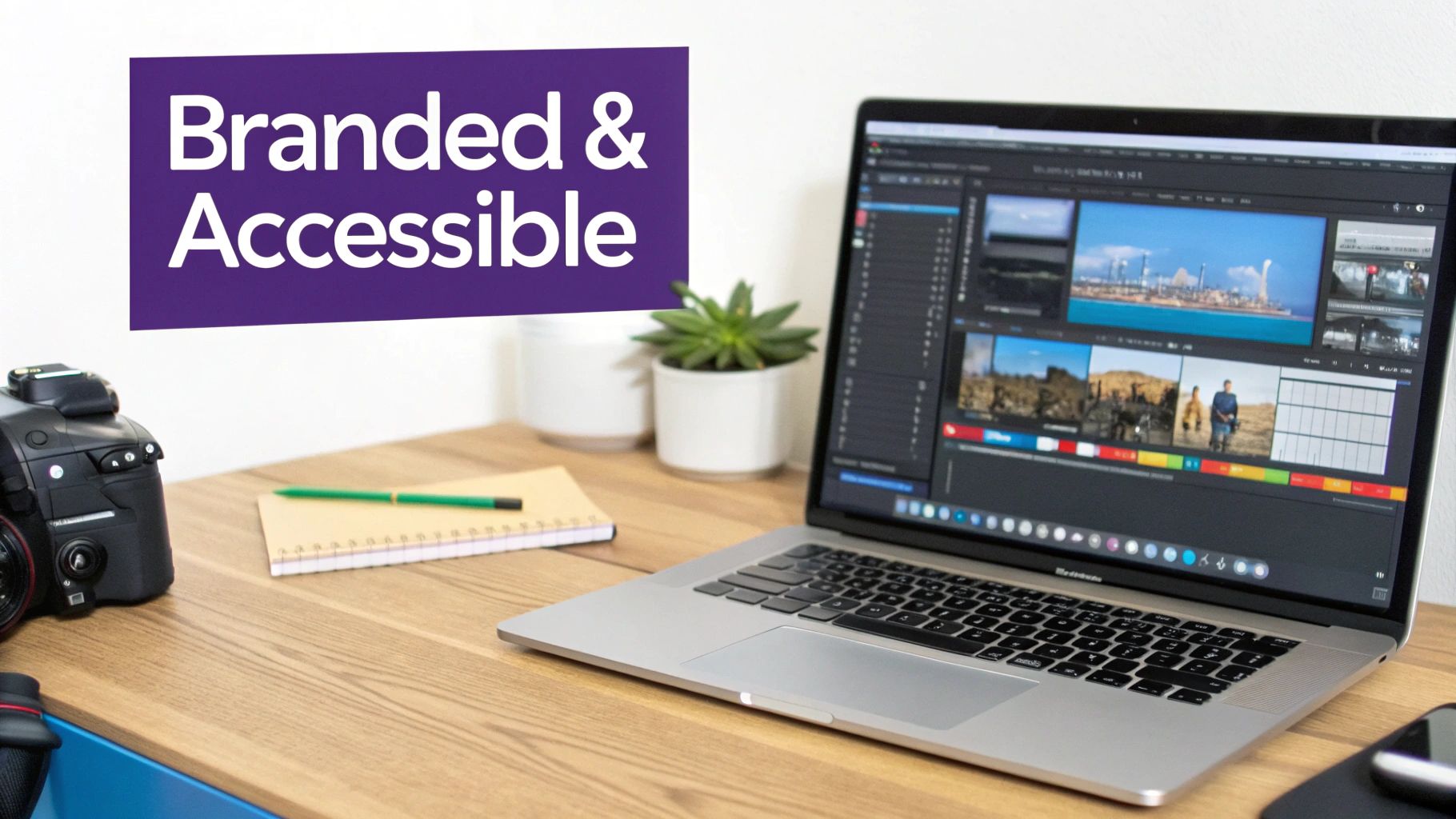 A video editing workspace with a laptop, camera, notepad, plants, and a 'Branded & Accessible' sign.
