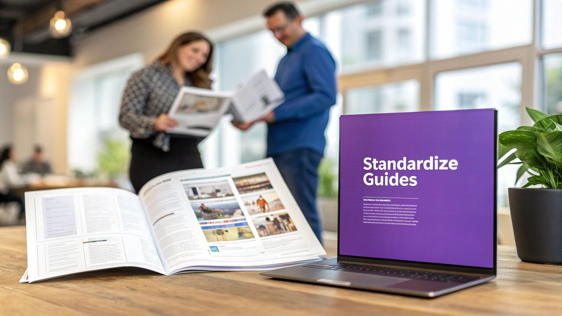 A laptop displays 'Standardize Guides' next to an open manual on a wooden desk, with people collaborating.