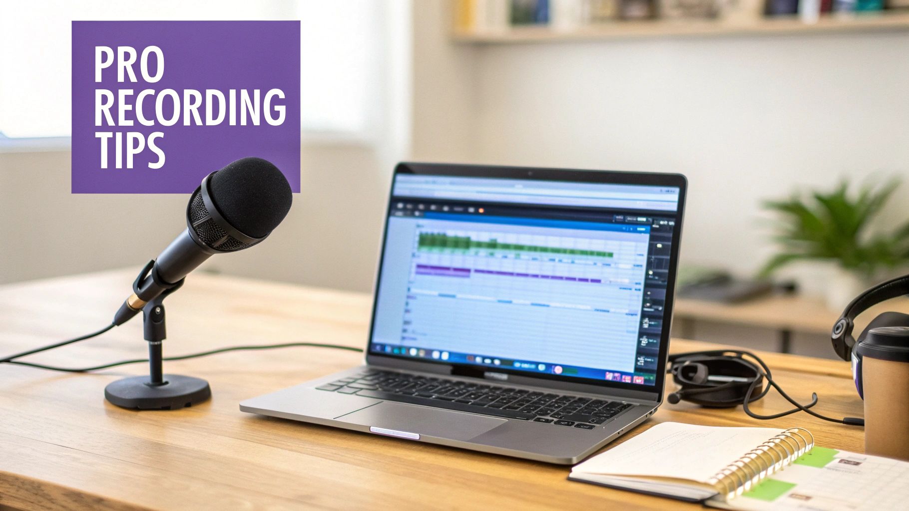 A recording setup with a microphone, laptop showing audio software, headphones, and a notebook on a wooden desk.