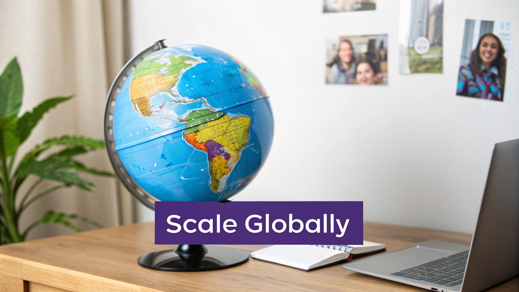 A wooden desk with a large globe, a laptop, a notebook, and a plant, promoting global reach.