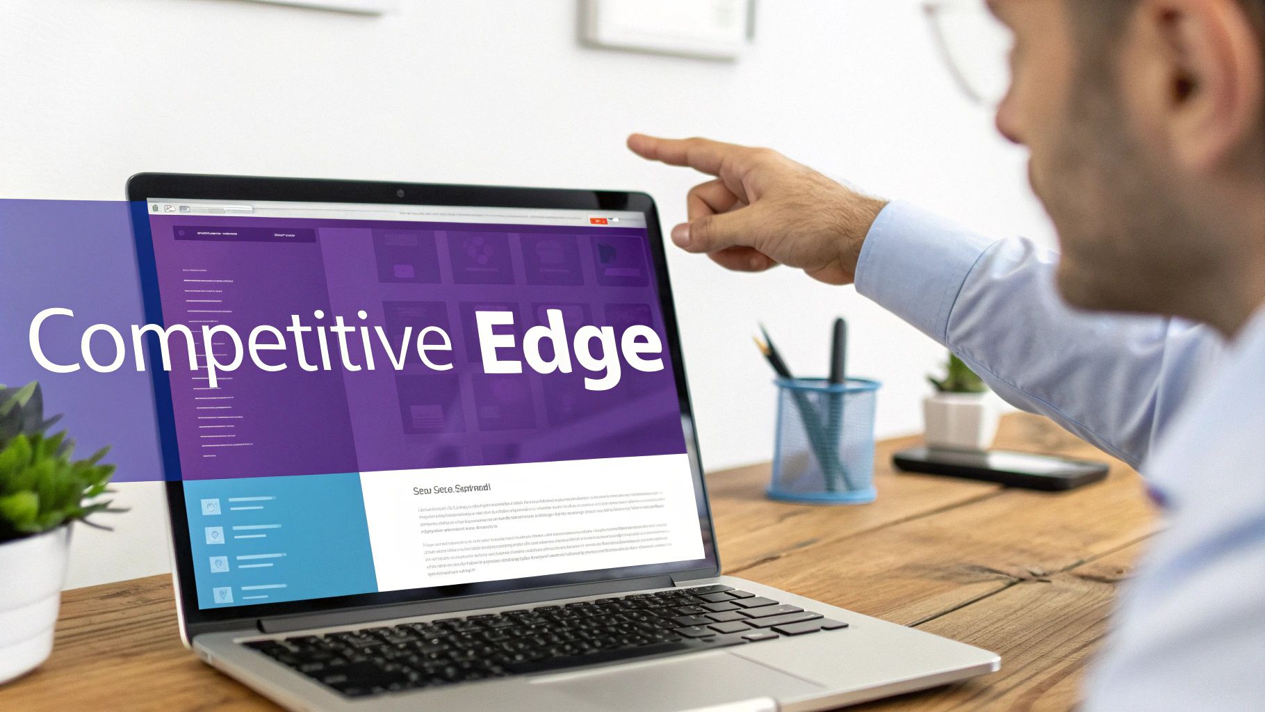 Man pointing at a laptop screen displaying 'Competitive Edge' text on a business website.