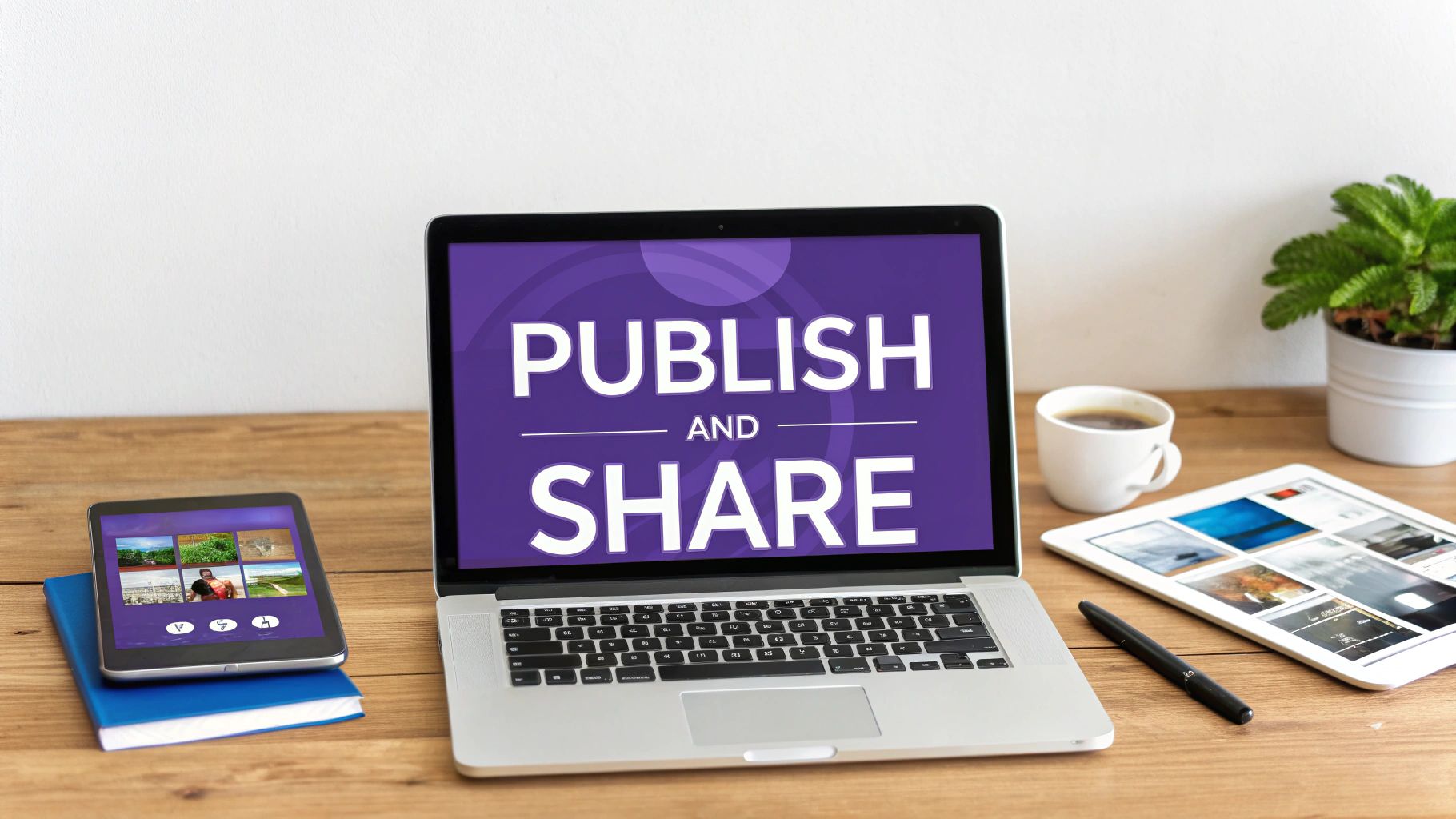 Digital workspace with a laptop displaying 'PUBLISH AND SHARE', two tablets, coffee, and a plant.