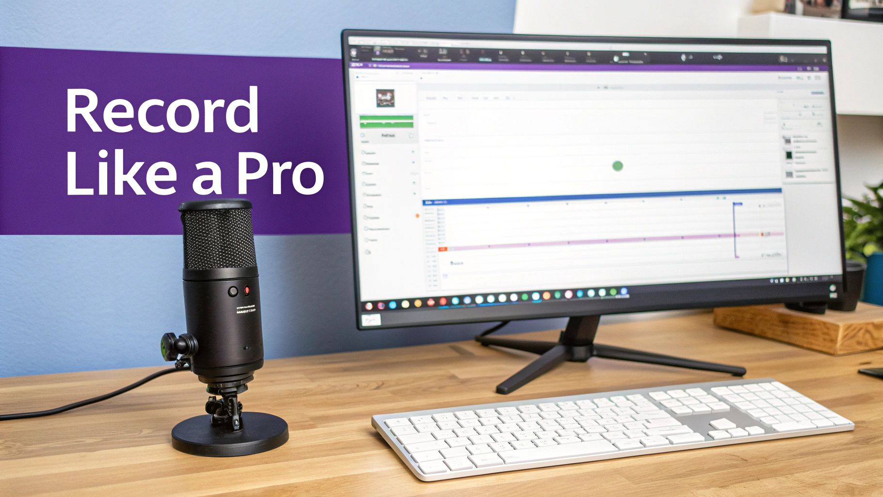 A professional desktop recording setup with a black microphone, computer monitor displaying software, and keyboard, encouraging users to 'Record Like a Pro'.