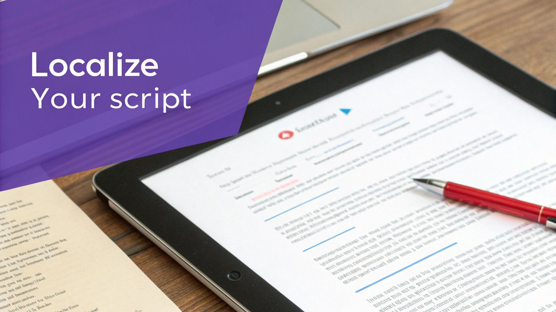 A digital tablet and a red pen next to paper, with 'Localize Your script' text.