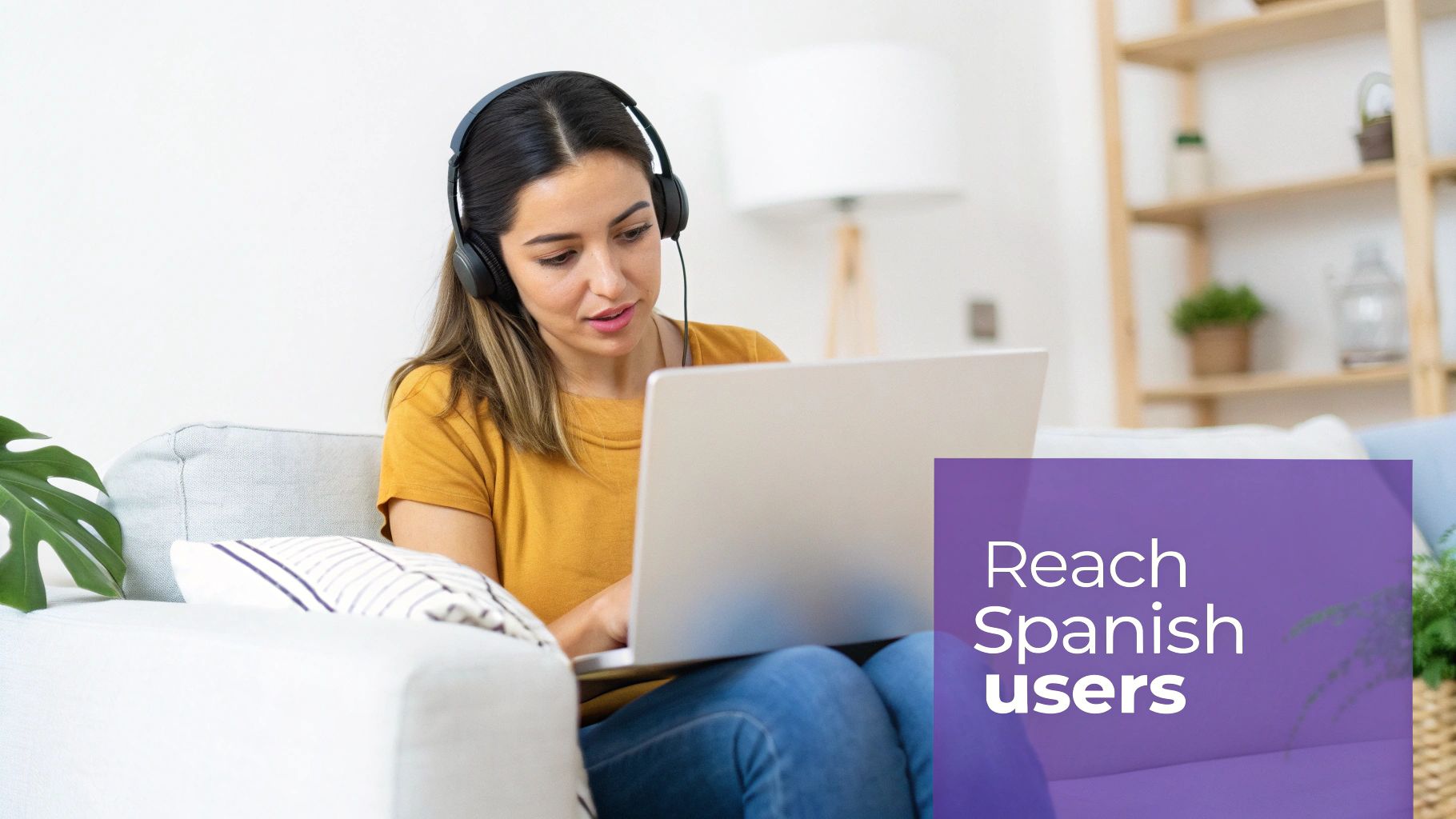 Young woman wearing headphones works on a laptop while sitting on a couch, ideal for reaching Spanish users.