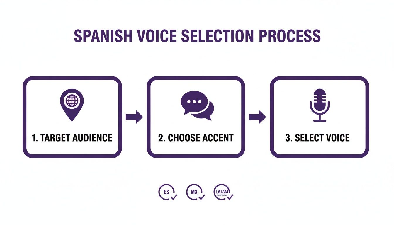 Spanish voice selection process flowchart outlining steps for target audience, accent choice, and voice selection.