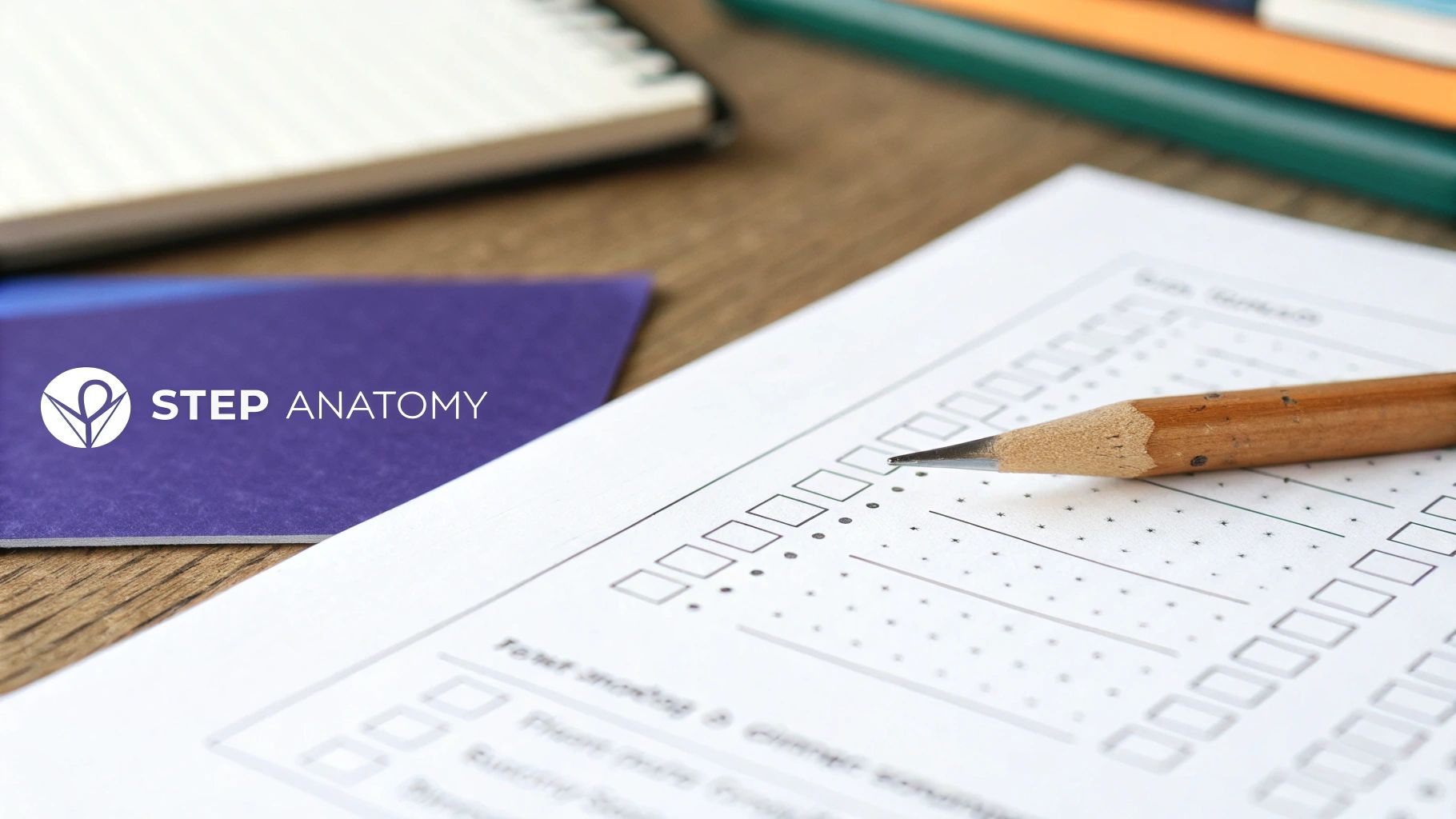 A wooden pencil rests on a test or answer sheet with checkboxes, alongside a 'STEP ANATOMY' folder.