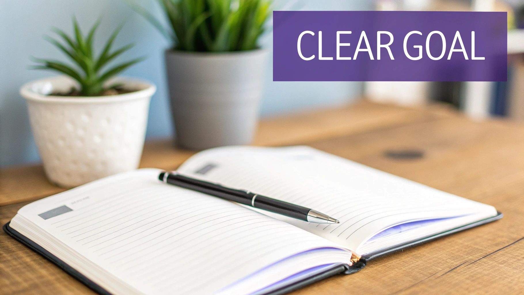 An open notebook with a pen on a wooden desk, two plants, and a "CLEAR GOAL" overlay.