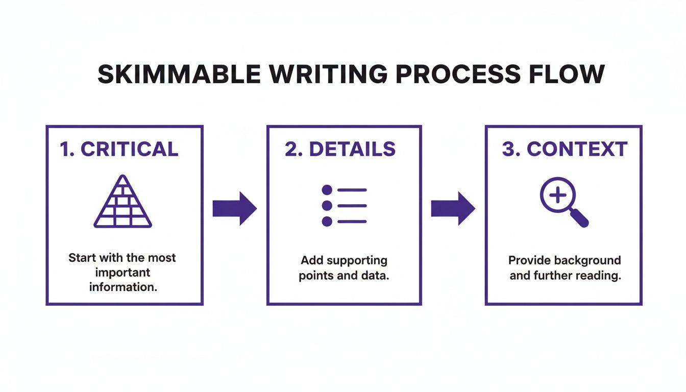 Flowchart illustrating the three-step skimable writing process: Critical, Details, and Context.
