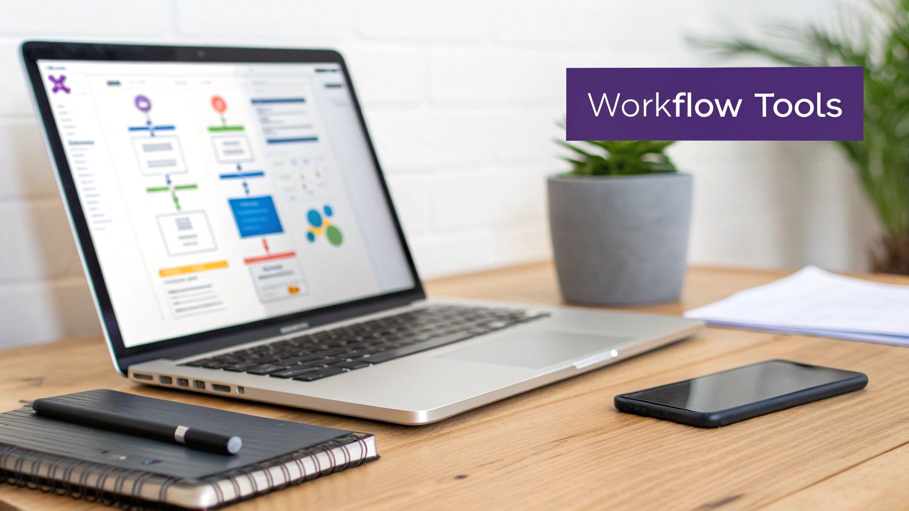 A laptop displaying a business workflow diagram on a wooden desk with a phone, notebook, and plant.