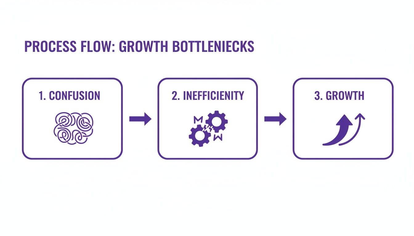 A purple process flow diagram illustrating steps from confusion and inefficiency towards business growth.