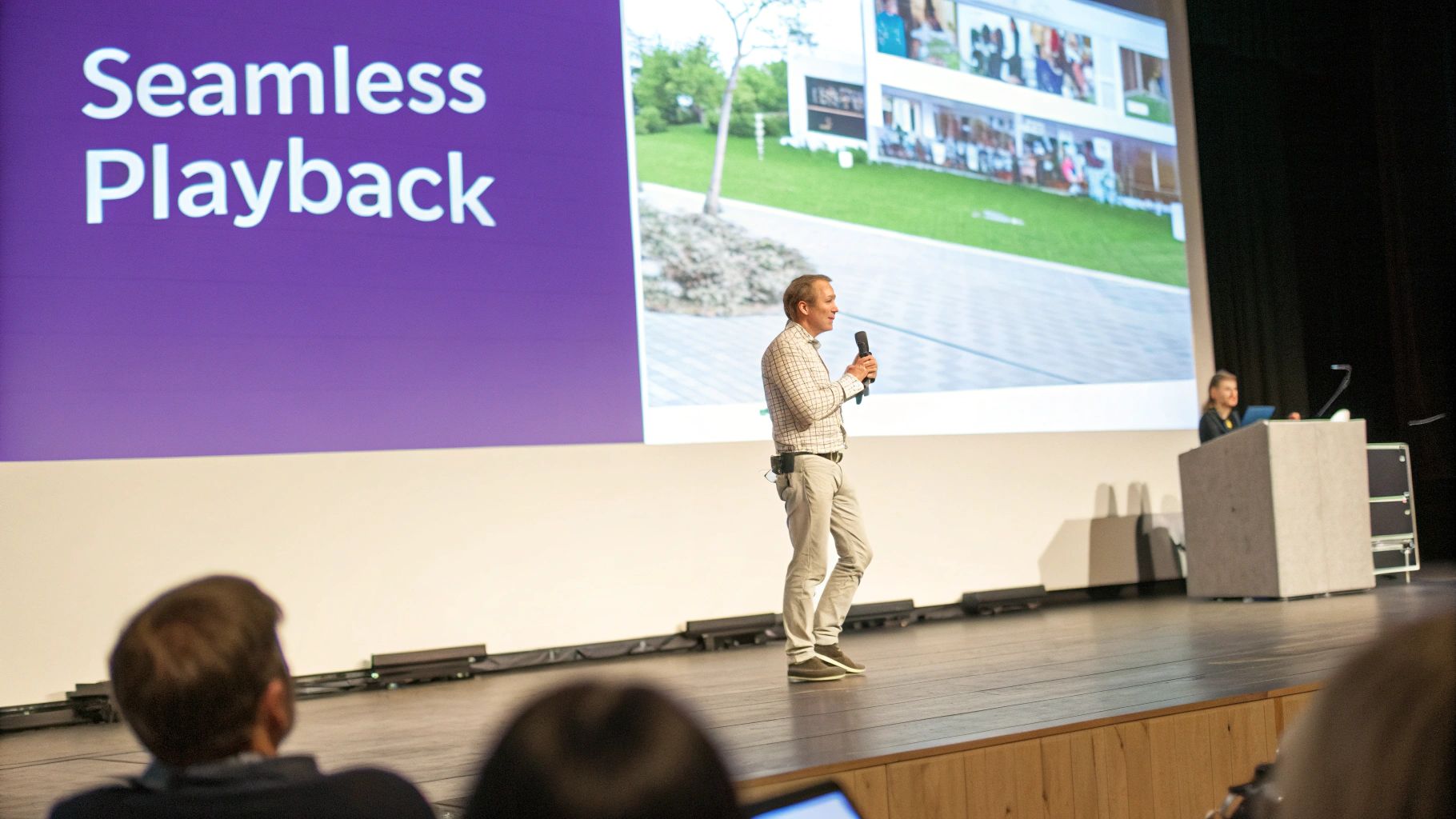 Man on stage presenting with a microphone, displaying 'Seamless Playback' and a building on screen.