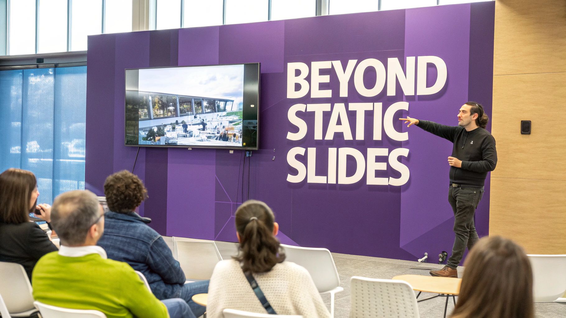 A man presents "Beyond Static Slides" to an engaged audience, pointing at a large display.