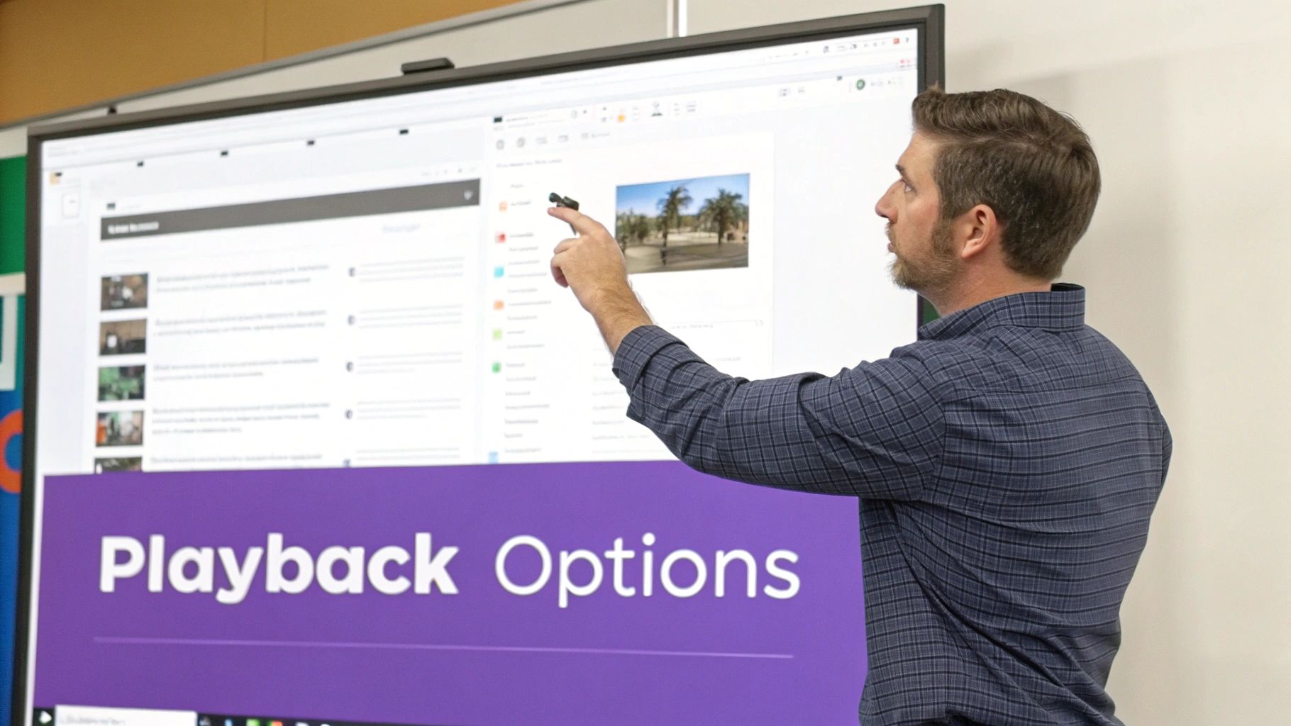 A man in a plaid shirt points at a large interactive display showing a webpage and "Playback Options."