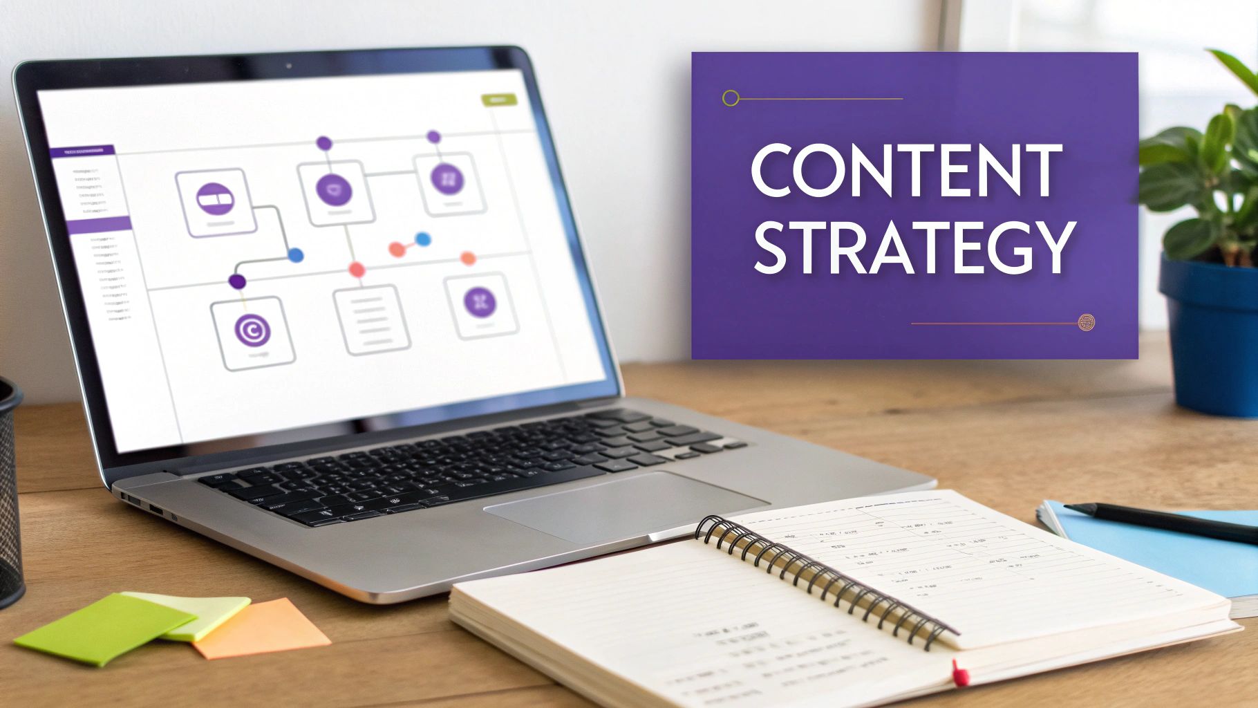 A laptop displays a content strategy flowchart next to a sign saying 'CONTENT STRATEGY' on a desk.