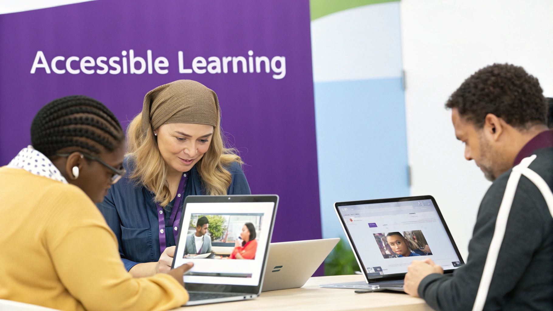 Diverse people engaged in accessible learning, using laptops at a conference or workshop with a purple banner.