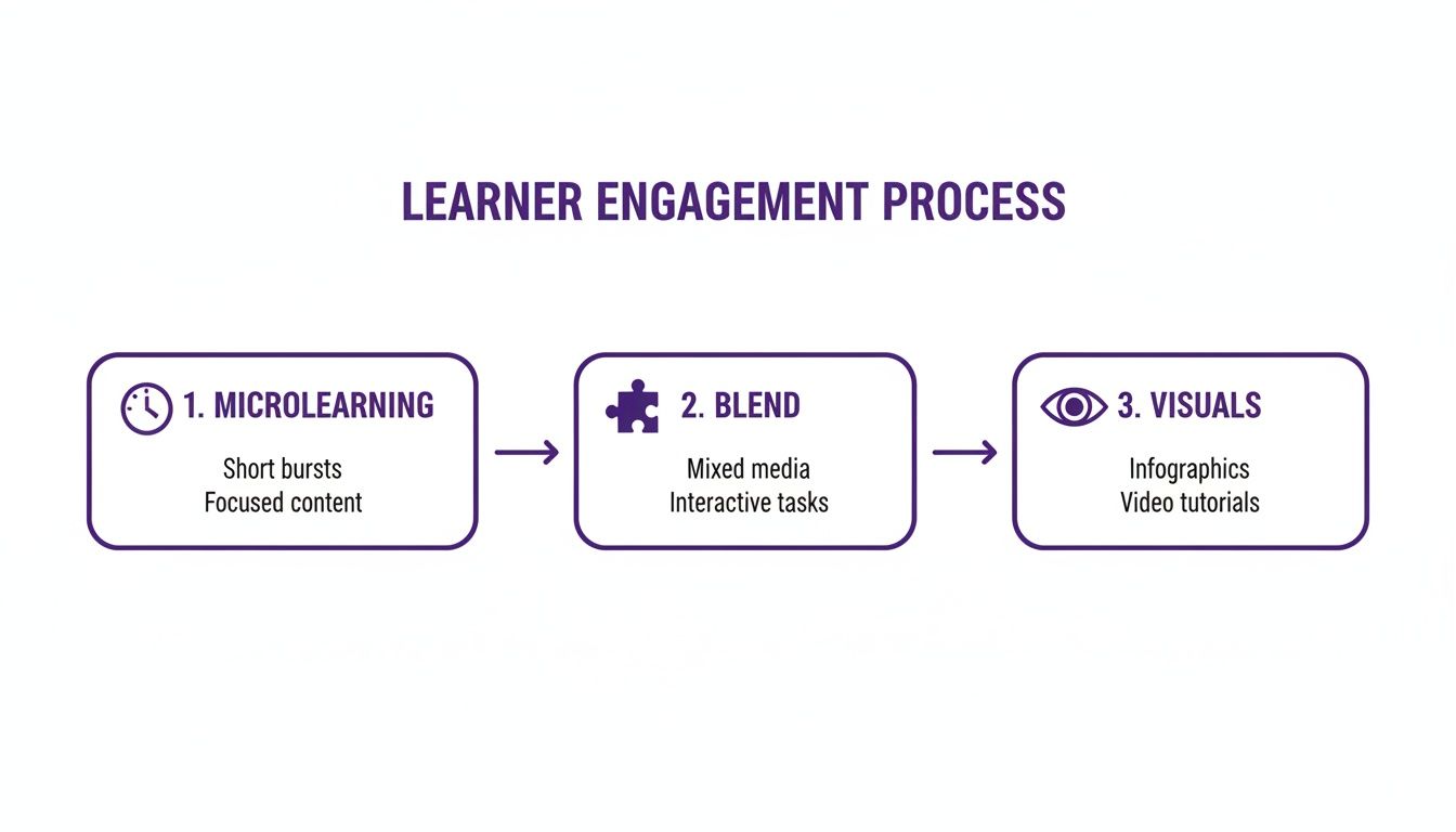 A diagram illustrating the three-step learner engagement process: microlearning, blend, and visuals.