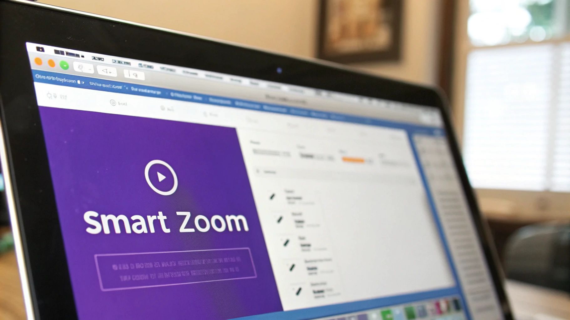 A close-up of a laptop screen displaying 'Smart Zoom' educational video production software with a play button.