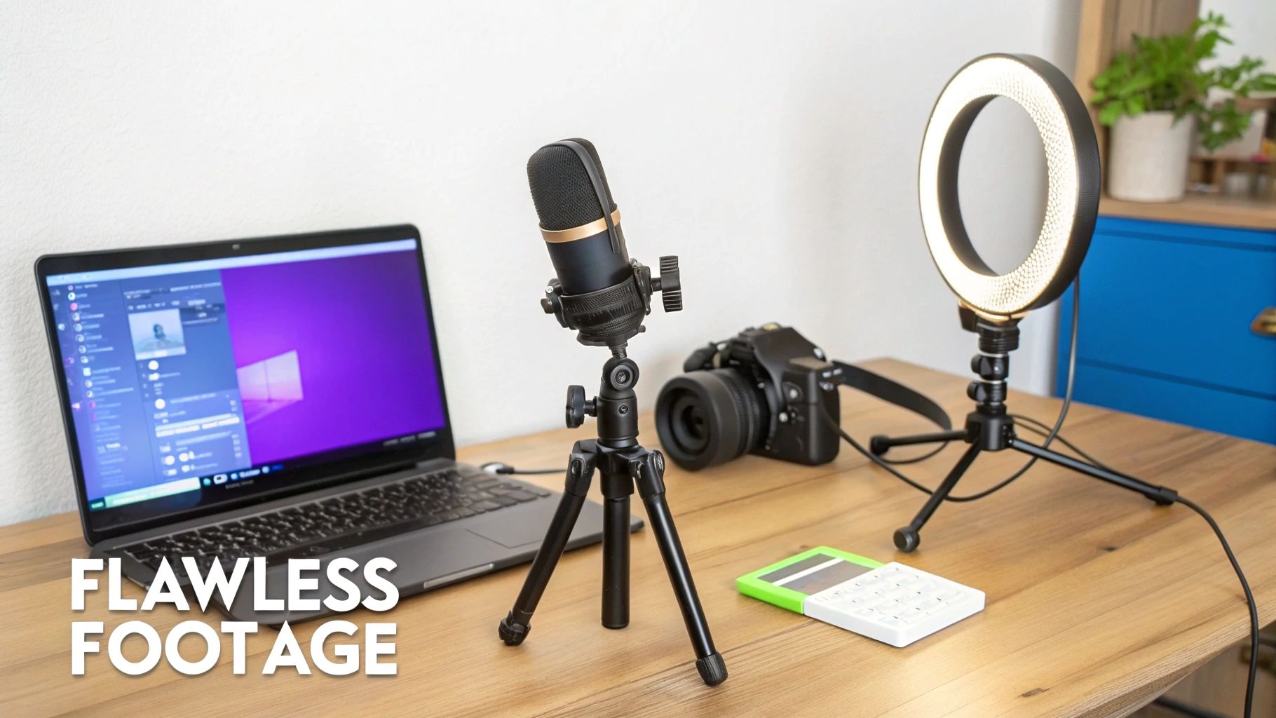 A professional setup for educational video production with laptop, microphone, camera, and ring light.