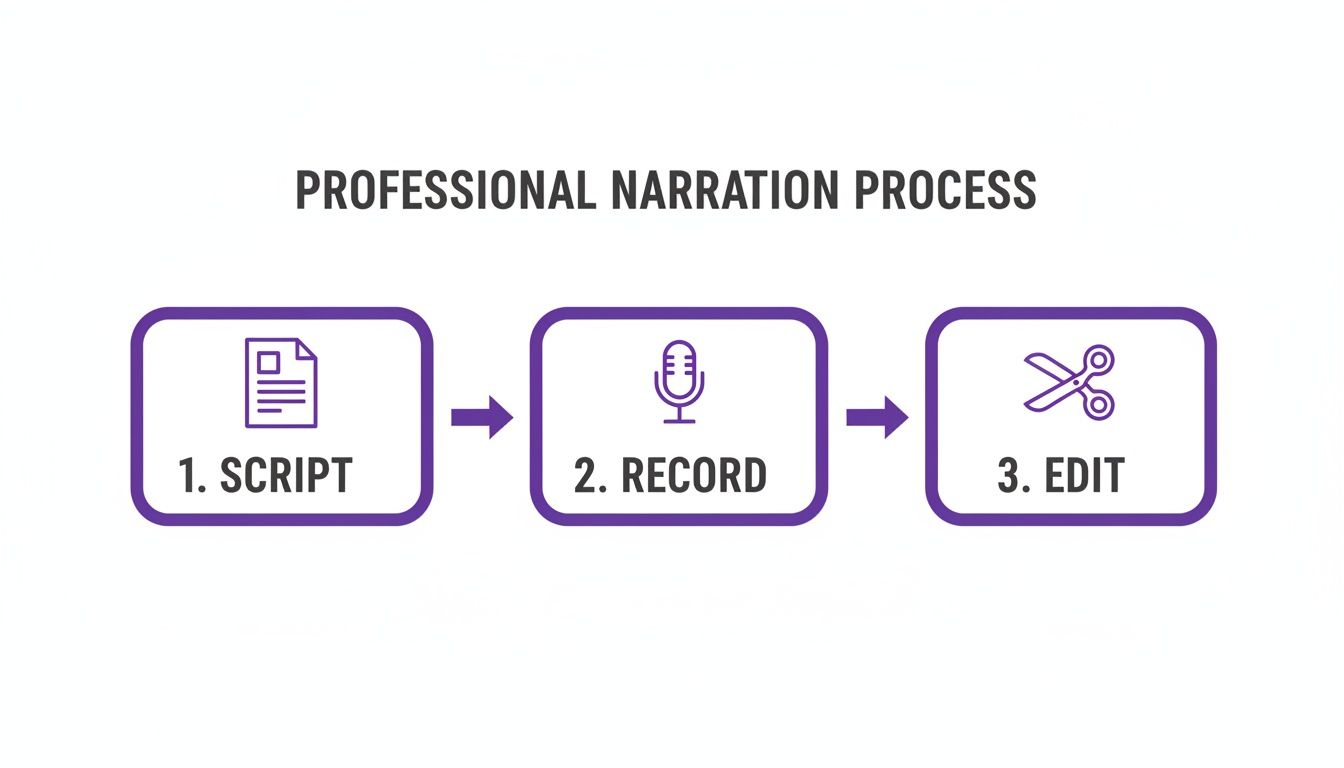 A three-step professional narration process infographic showing script, record, and edit stages.