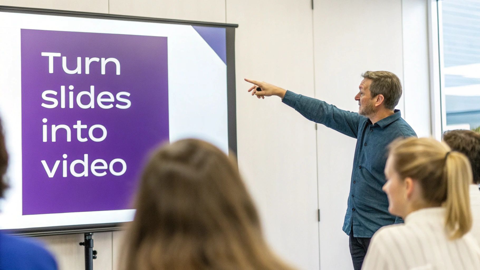 A man points at a screen displaying "Turn slides into video" during a presentation.