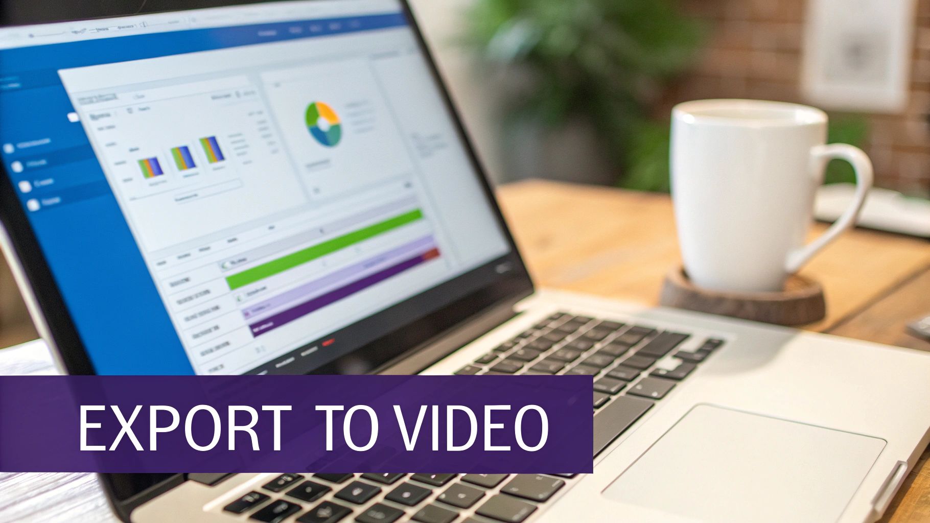 A laptop displaying data charts on screen, with a coffee mug beside it, overlaid with 'EXPORT TO VIDEO' text.