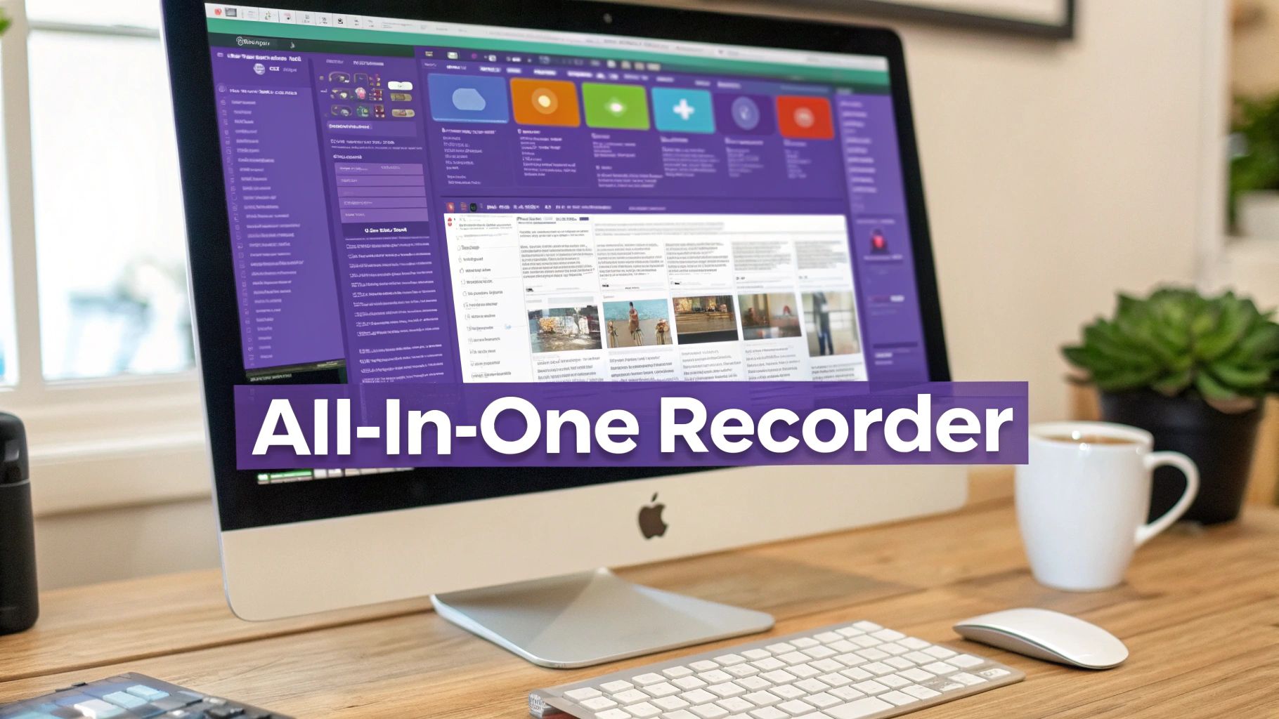 iMac displaying a multi-featured recording software with 'All-In-One Recorder' banner on a modern workspace.
