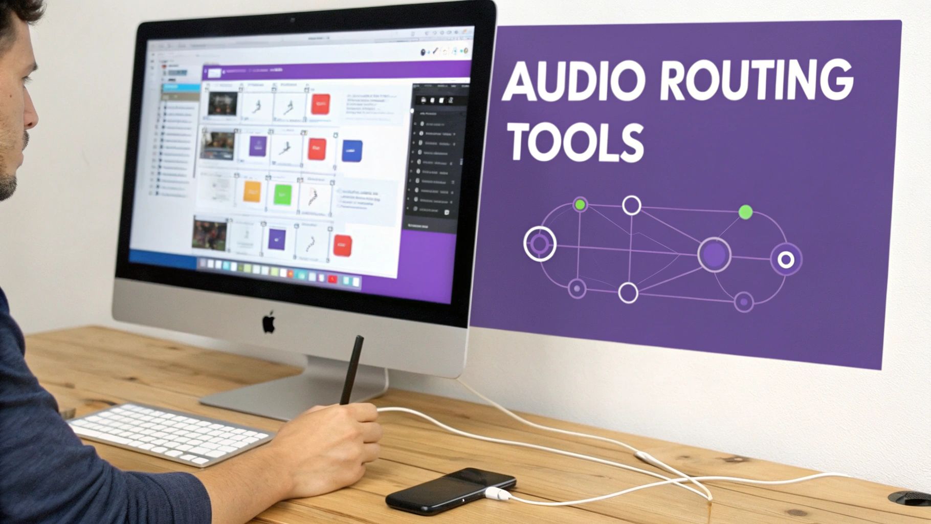A person works on an iMac with a stylus and phone, beside a 'AUDIO ROUTING TOOLS' display.
