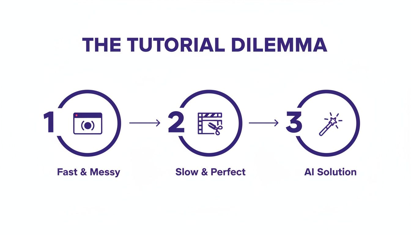 Diagram illustrating the tutorial dilemma with three approaches: fast & messy, slow & perfect, and AI solution.
