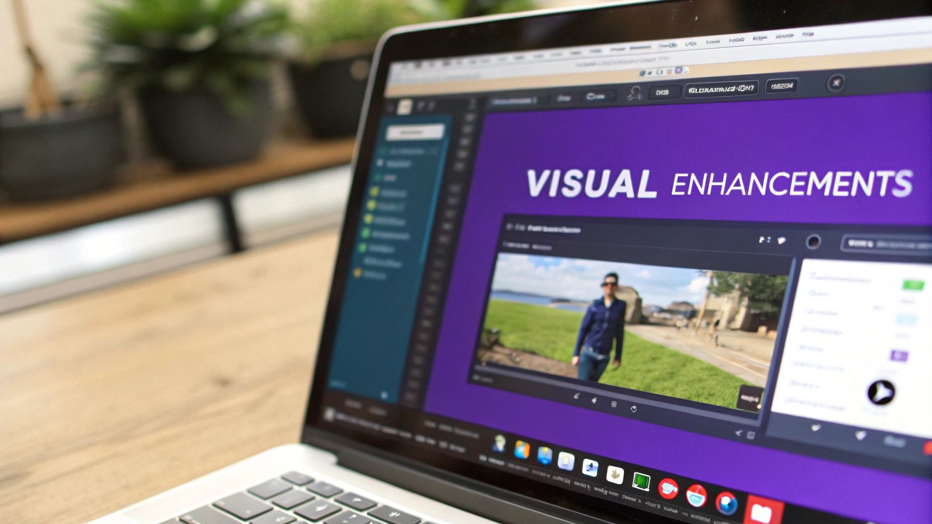 A laptop screen displaying video editing software with 'VISUAL ENHANCEMENTS' and a video.