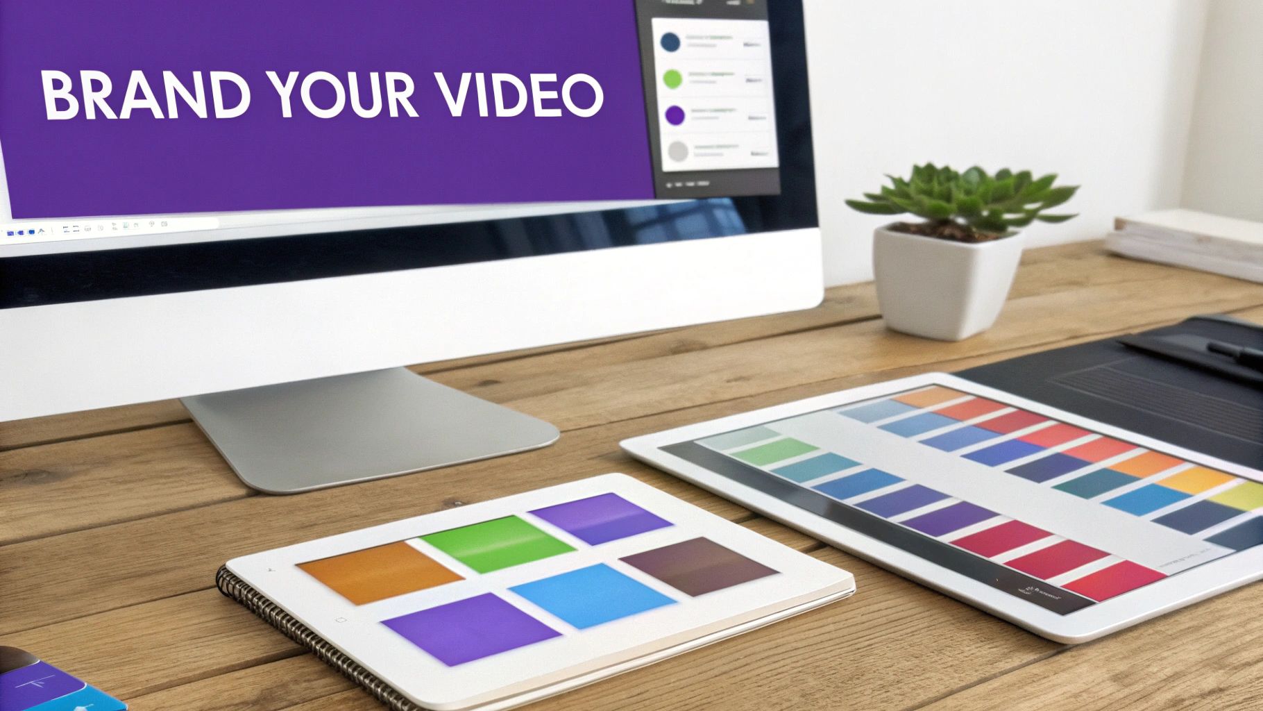 A computer monitor displays 'BRAND YOUR VIDEO' text, with design tablets on a wooden desk.