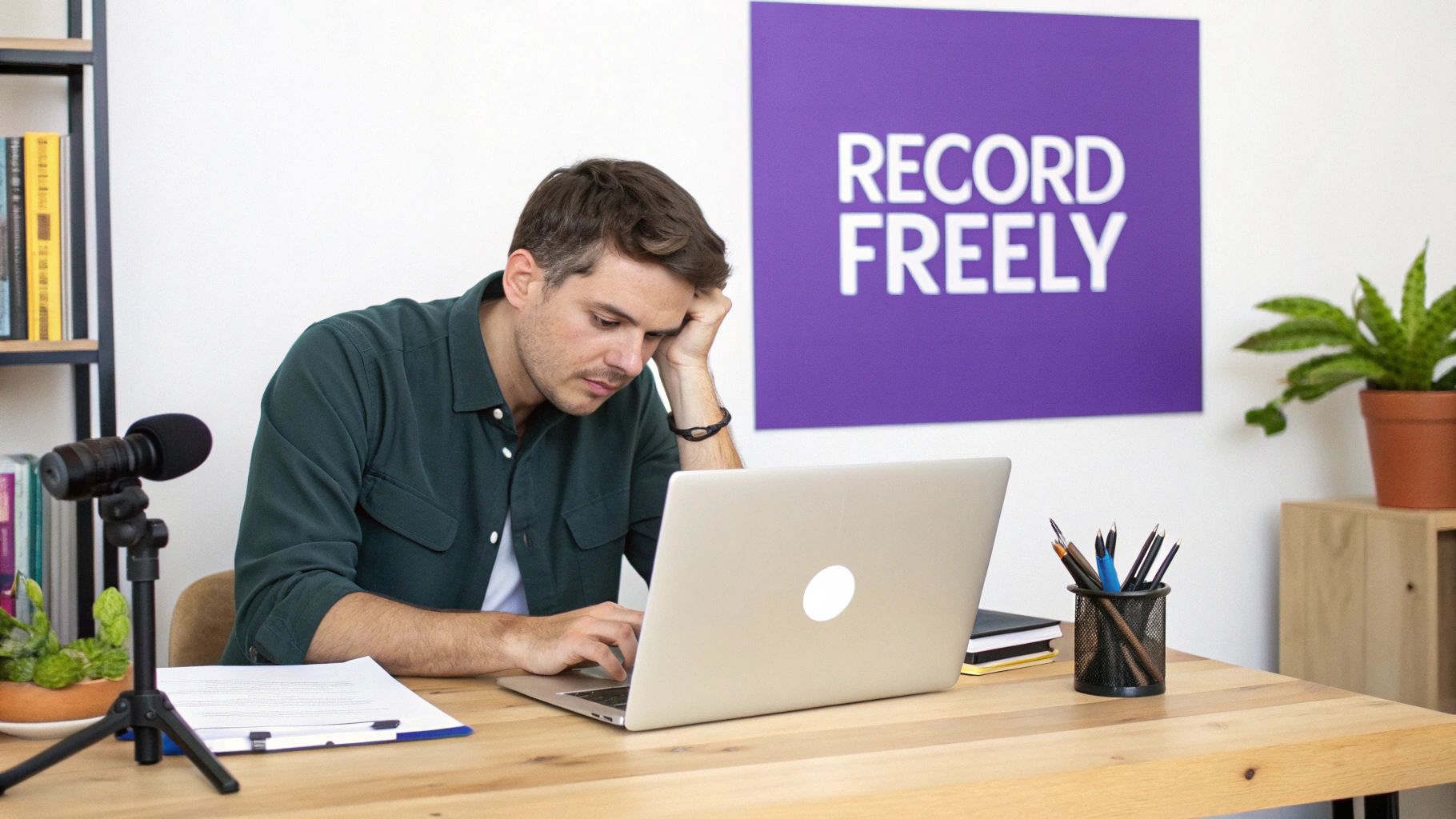 A man with a pensive expression sits at a desk, looking at his laptop, with a 'RECORD FREELY' sign behind him.