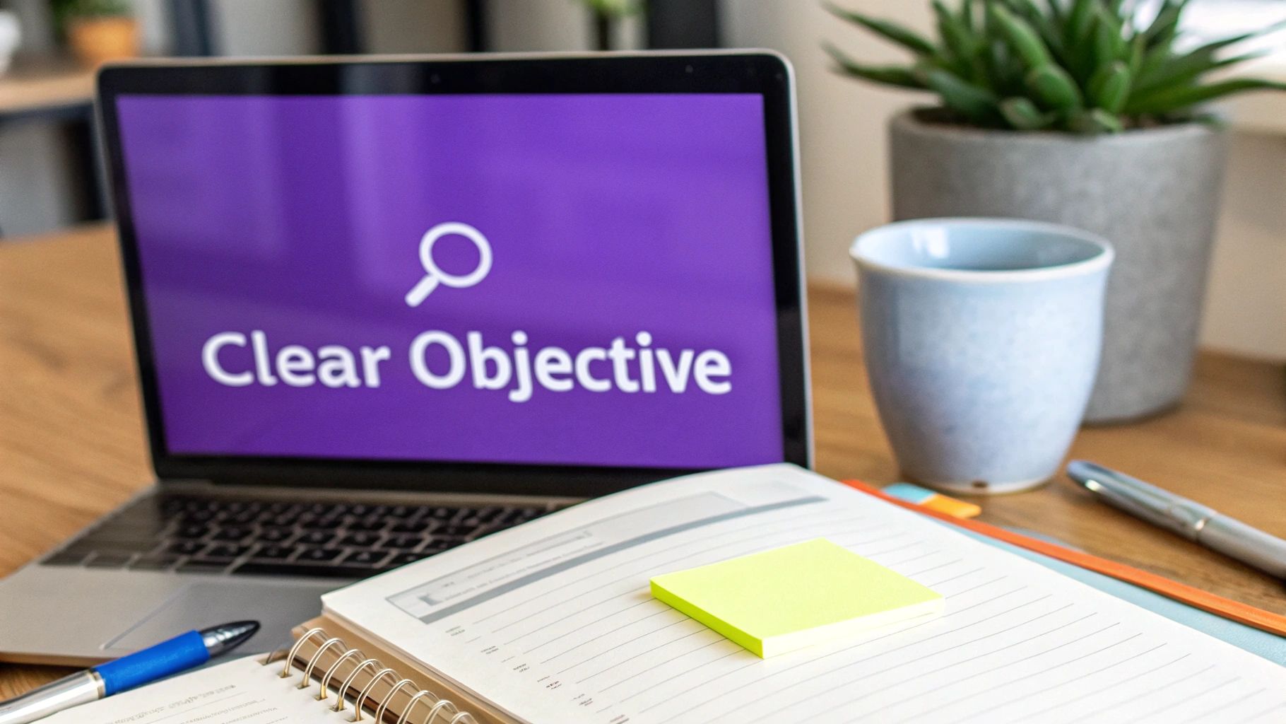 A laptop displaying "Clear Objective" with a magnifying glass icon on screen, next to a notebook, pen, and coffee mug on a desk.