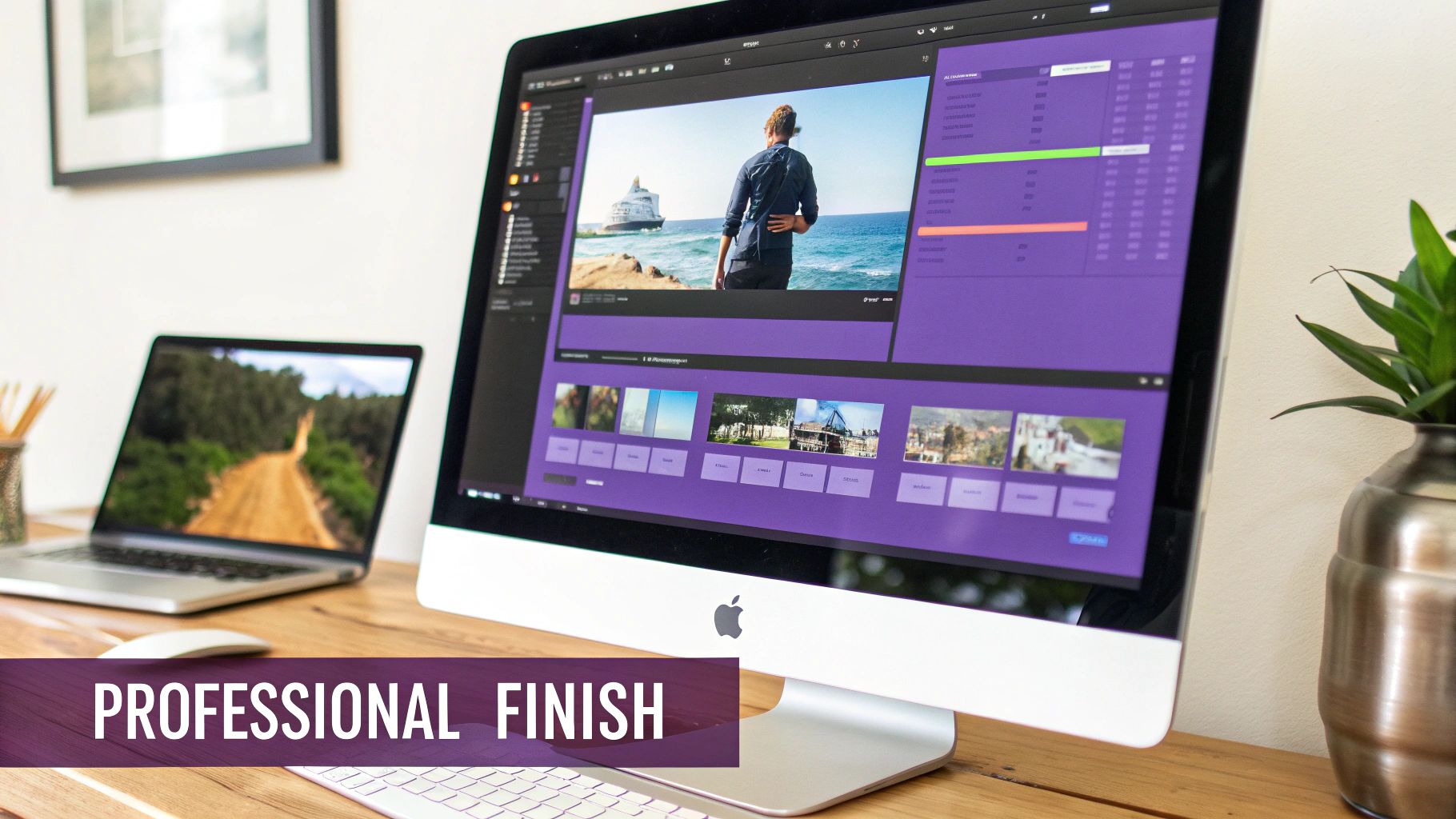 A professional workspace with an iMac showing video editing software and a MacBook on a wooden desk.