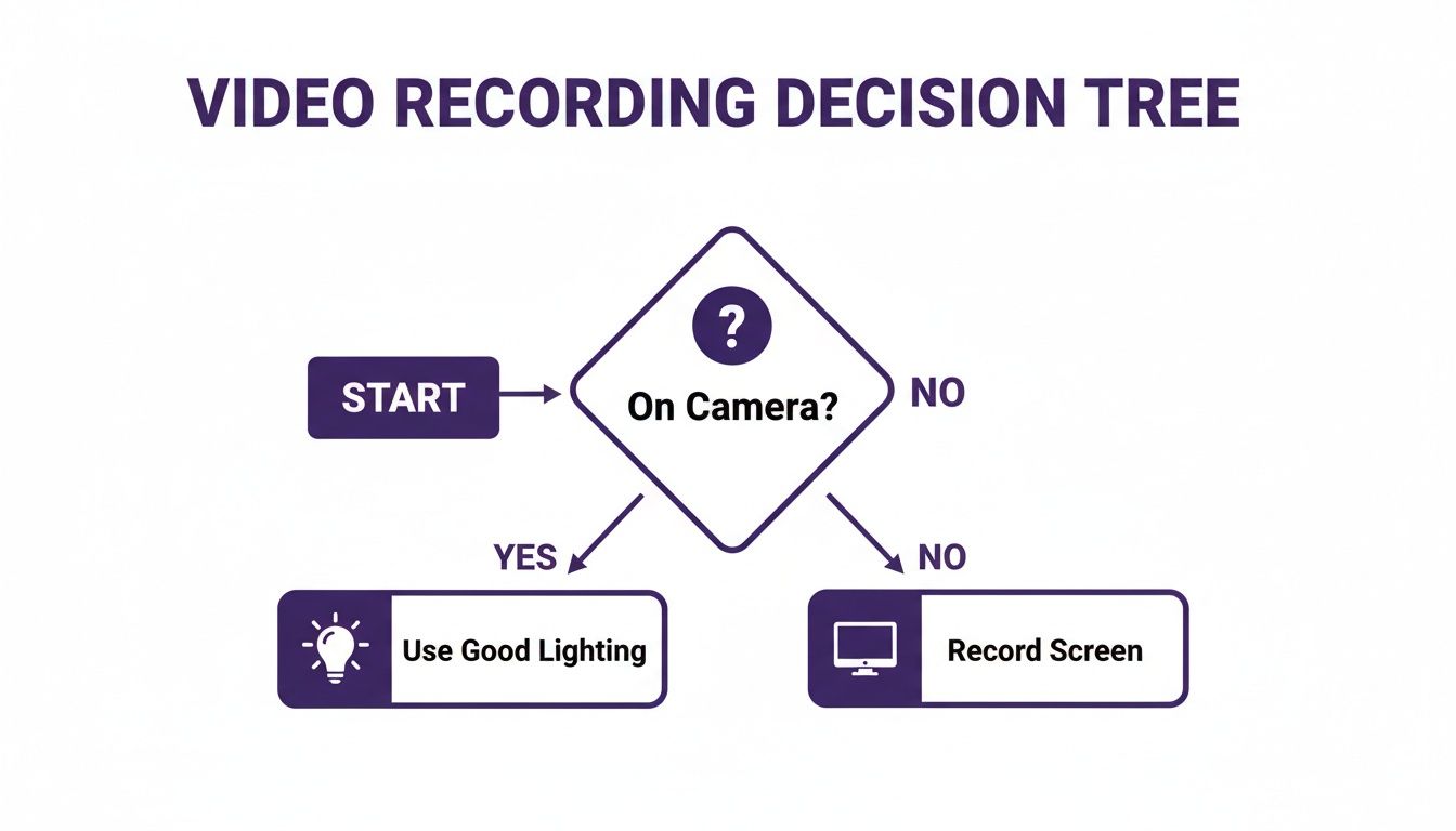 A video recording decision tree flowchart guiding users on whether to use good lighting or record screen.