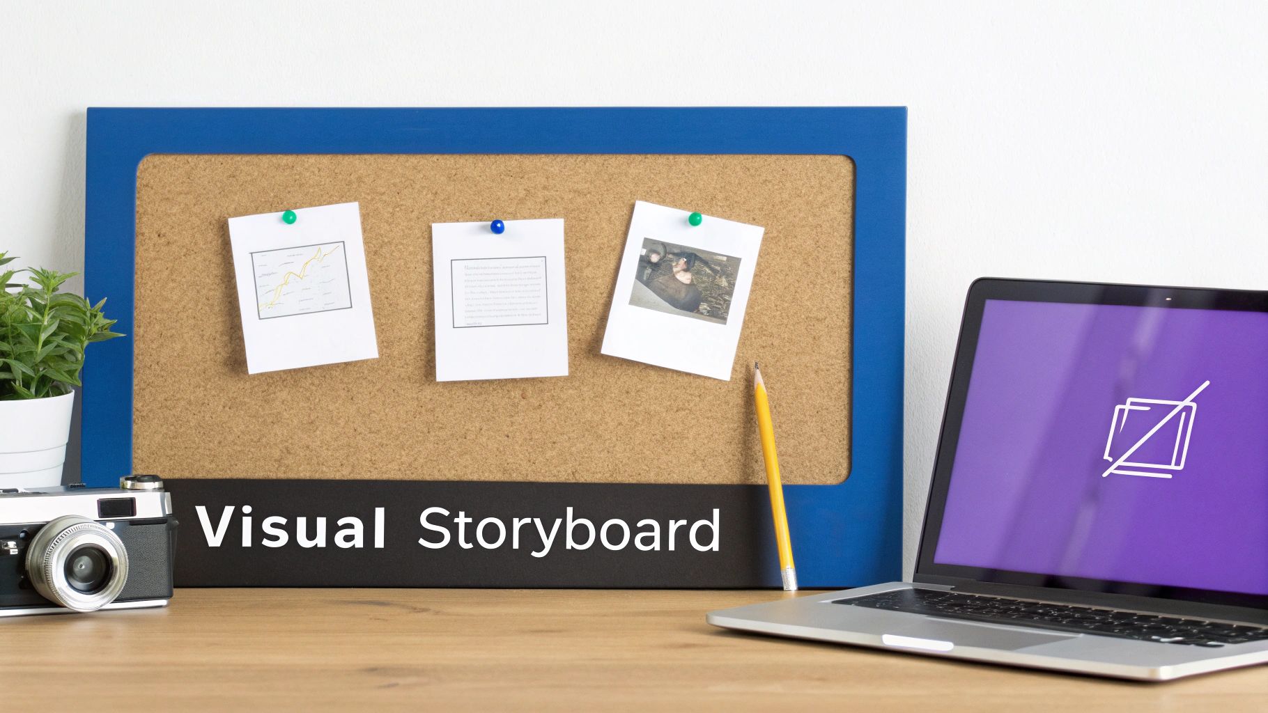A creative workspace with a visual storyboard on a cork board, camera, and laptop.