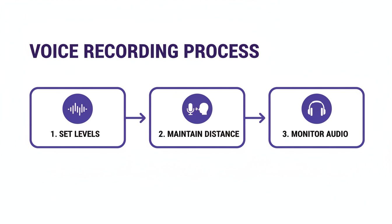 A three-step diagram illustrating the voice recording process: Set Levels, Maintain Distance, and Monitor Audio.
