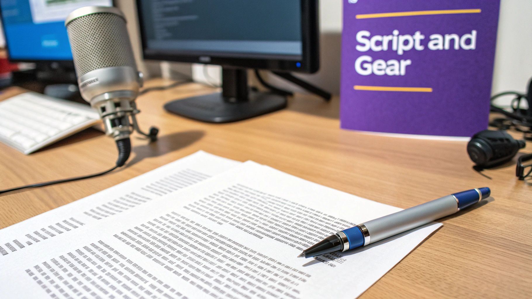 A desk setup with a microphone, printed script, pen, and a book titled 'Script and Gear', suggesting voice-over work.