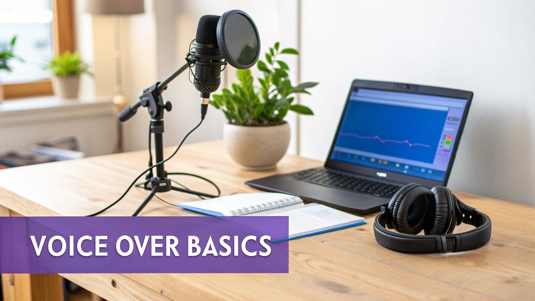 A voice-over recording setup featuring a microphone, laptop with audio software, headphones, and a notebook on a wooden desk.