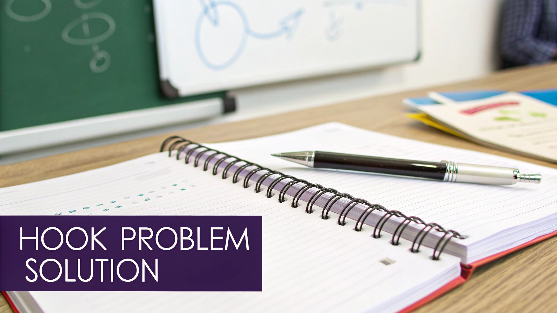 An open spiral notebook with a pen on a wooden desk, with presentation boards in the background.