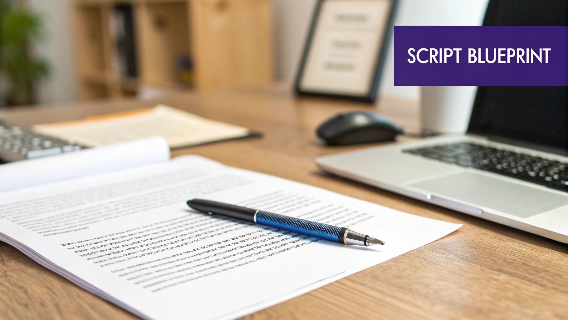 An open document with a pen on a wooden desk next to a laptop and keyboard. A banner reads 'SCRIPT BLUEPRINT'.