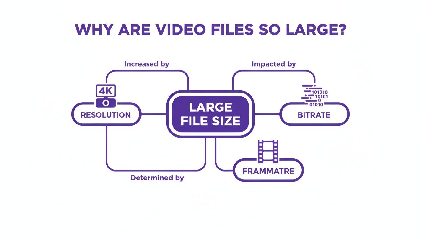 Mind map diagram explaining factors contributing to large video file size: resolution, bitrate, and frame rate.